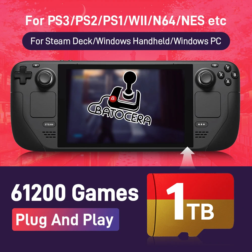 Game Card for Steam Deck with 61200+Retro Games for GDP WIN4/WIN600/Win PC&Handheld Gaming Card for PS3/PS2/PS1/WII/SNES/NES/N64