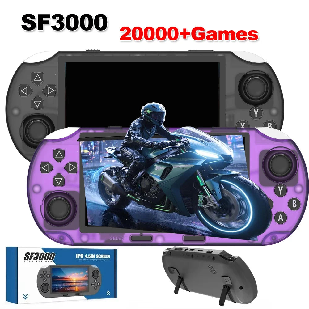 SF3000 Videospielkonsole, tragbarer Handheld-Spiel-Player, Retro, 4,5-Zoll-IPS-Bildschirm, 20.000+ Spiele integriert für PS1/GBA/SFC/MAME
