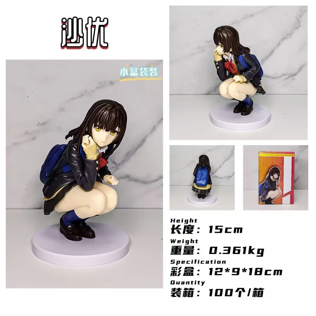 16CM Anime Ogiwara Sayu Figure Hige Wo Soru Soshite Joshikousei Wo Hirou Squatting Model Toy Gift Collection Action Figure