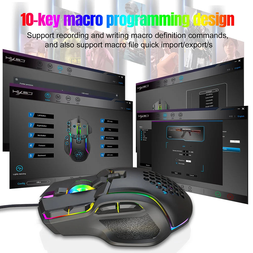 Нова USB геймърска мишка, компютърна мишка с RGB подсветка, 10 бутона, програмиране, 7200dpi, ергономична геймърска мишка за компютър