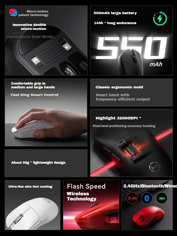 Edifier Hecate G3M pro Подобрена безжична геймърска мишка с три режима, лека и ергономична конструкция, Paw3395 за електронни спортове, аксесоари за компютър