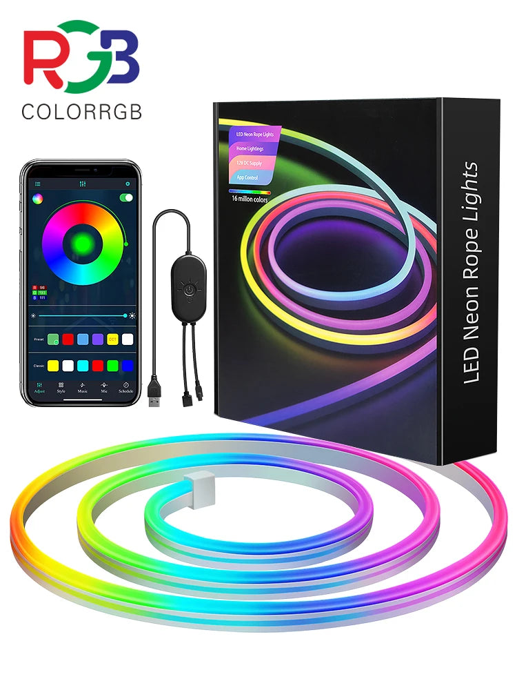Led Neon RGB Rope Light - 10M RGB Flexible Lights Strip Gaming Light Music Sync Neon Strip Lights DIY Design App Control Neon