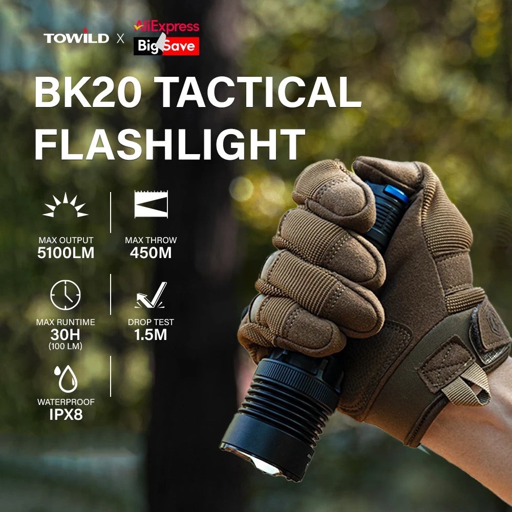 TOWILD BK20 Тактическо фенерче, презареждащо се, 5100lm, ултра мощно LED фенерче IPX8 с дълъг обхват, 450 м, за къмпинг, външно осветление