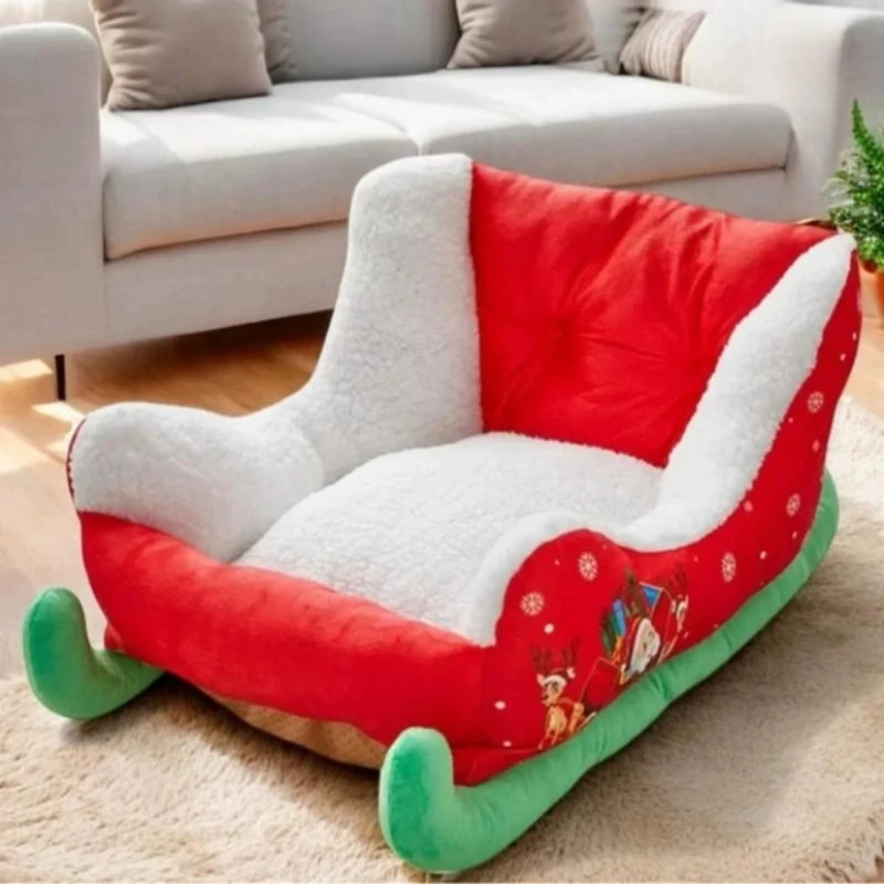 Christmas Dog Bed Red Christmas Sleigh Pet Bed Plush Indoor Outdoor Dog Sofa Bed Washable Holiday Themed Pet Nest for Cats Dogs