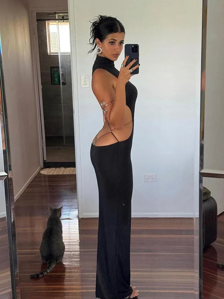 Autumn Release Junior Ankle-Length Sexy High Street Dress M24D62243 Girl Solid Waist Exposure Backless Fashion Robe