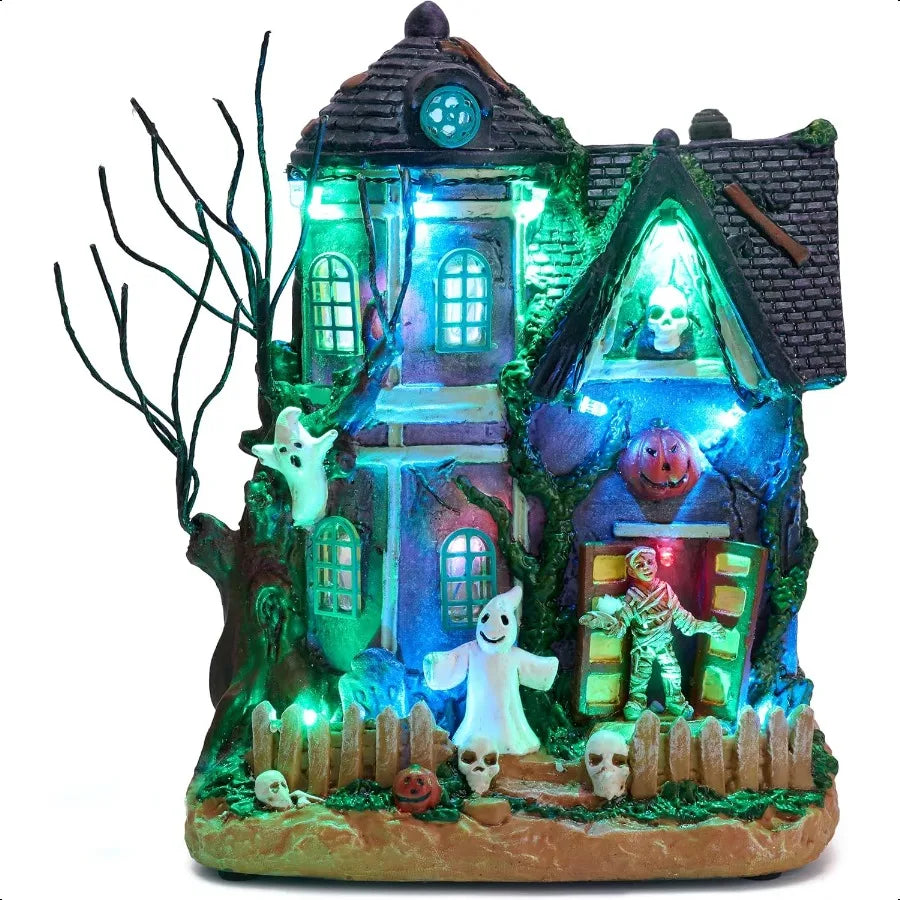 Halloween Decorations Lighted Halloween Village Houses with Music and LED Lights Resin Spooky Town Mummy's Haunted House for Ho