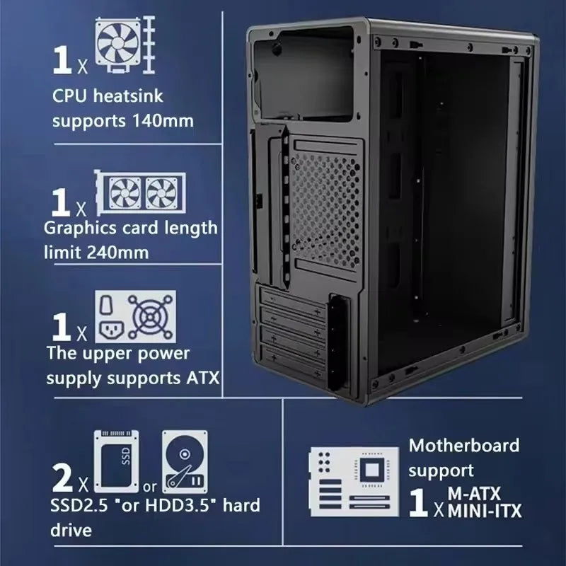 T-3 Mini-Computergehäuse mit ATX-Netzteil, geeignet für M-ATX/ITX-Mainboards, für einfache Mobilität, ideal für Büro und Geschäftsräume