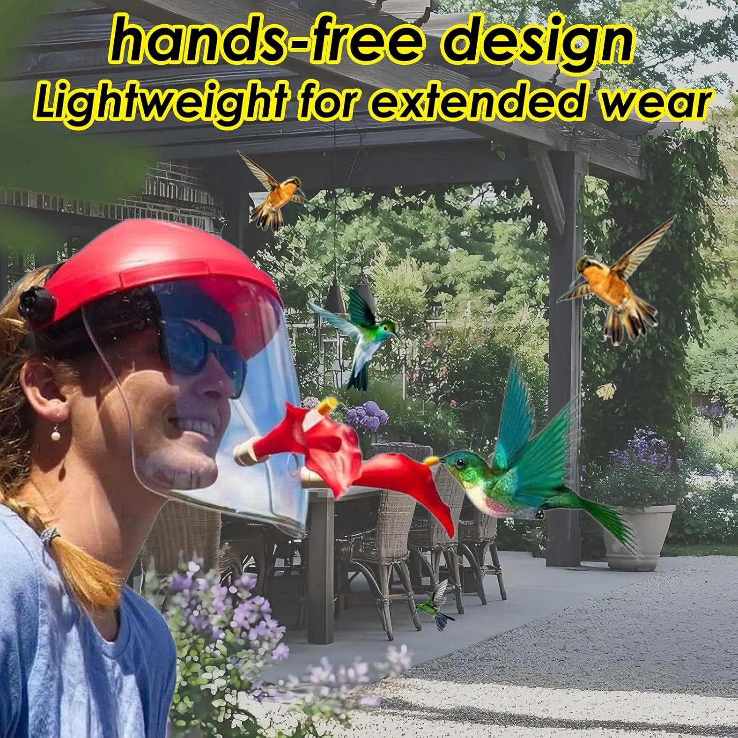 Hummingbird Feeder Helmet|Hands-Free Bird Feeder for Adults|3 Feeding Ports Design|Adjustable Headband 18"-24"|Lightweight PVC