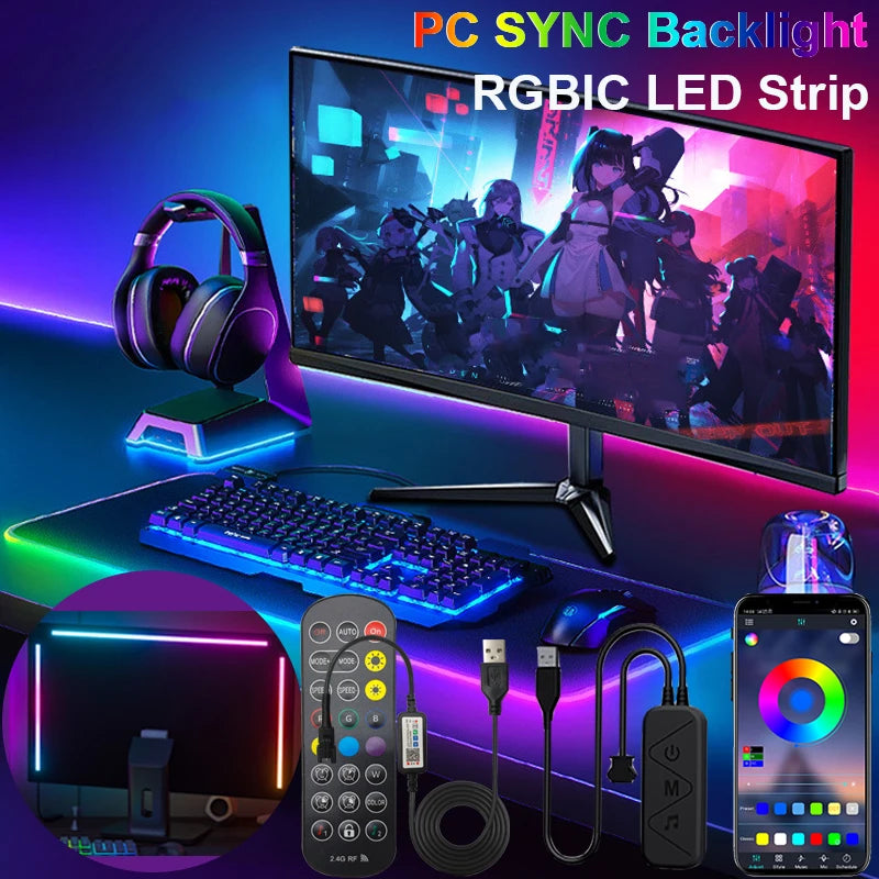 Smart Game PC Screen SYNC Backlight USB RGBIC LED Strip Light Color Picking Lamp Tape for Computer Monitor Gaming Room Decor