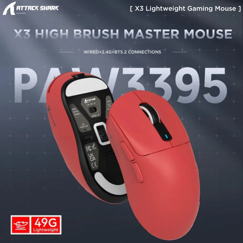 Геймърска мишка Attack Shark X3 Bluetooth, PixArt PAW3395, 26000dpi, 2.4g безжична трирежимна връзка, лека макро мишка