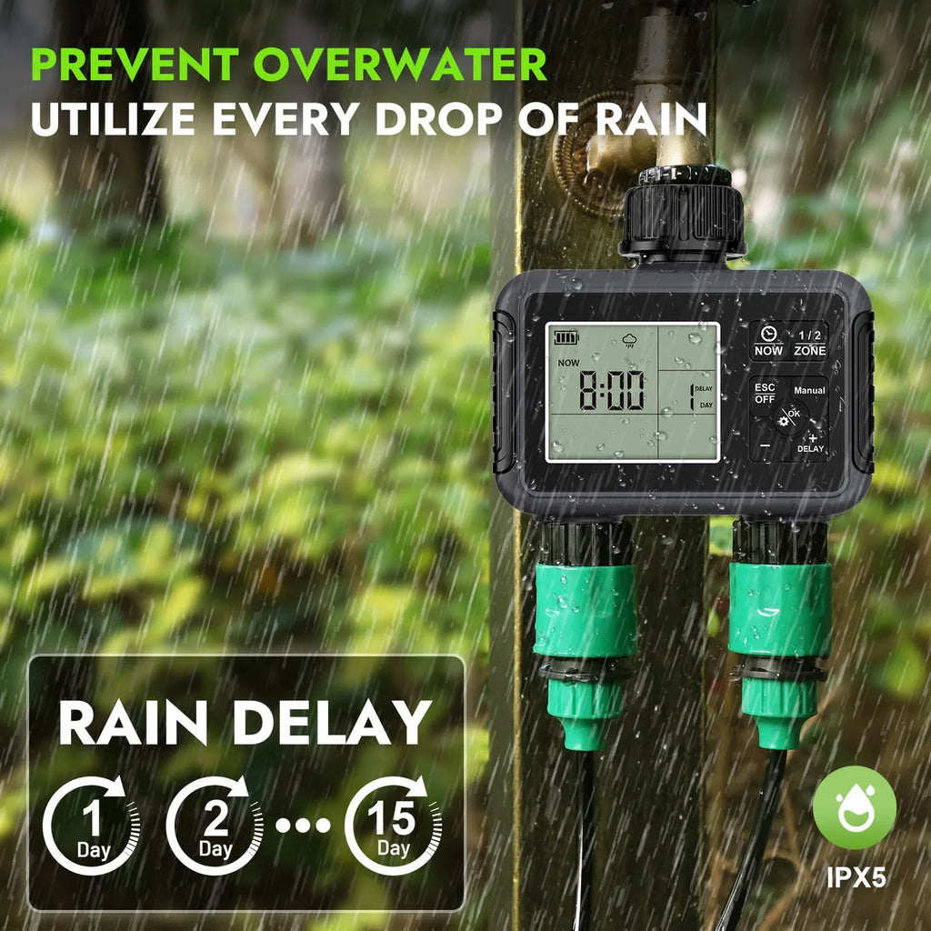 Wassertimer Gartenbewässerungssystem 2 Ausgänge Automatische Zeitventile Controller Regenverzögerung Bewässerung Großes LCD IPX5 Wasserdicht 