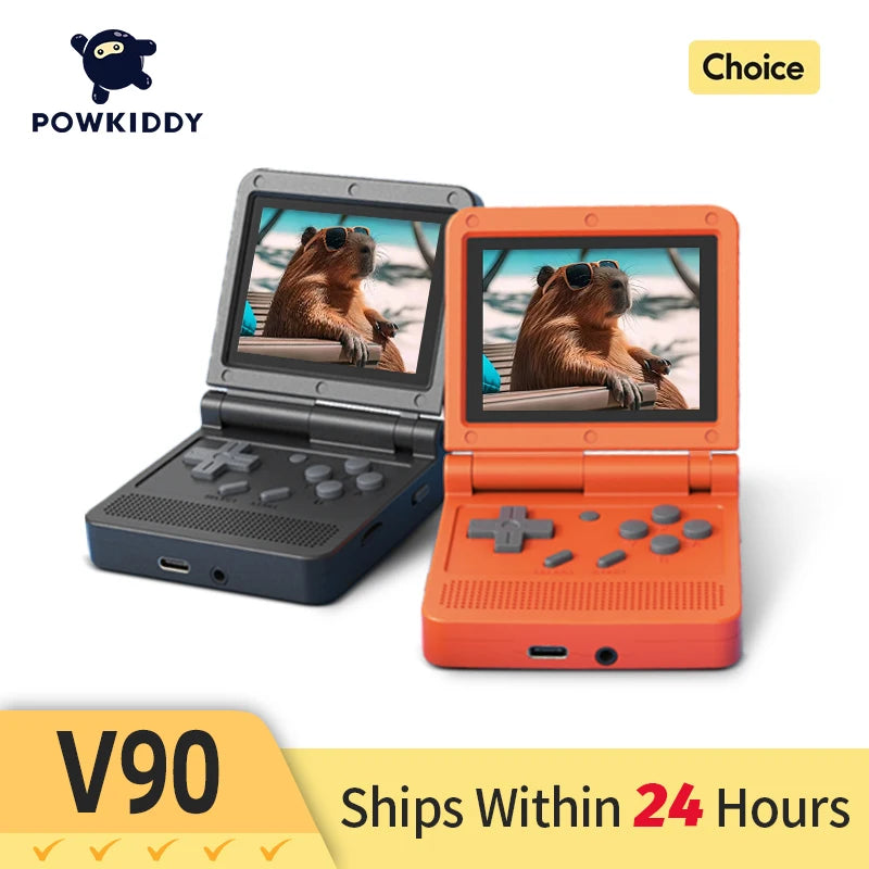 POWKIDDY v90 3-Zoll-IPS-Bildschirm Flip-Handheld-Konsole Dual Open System Spielkonsole 16 Simulatoren Retro PS1 Kindergeschenk 3D Neues Spiel