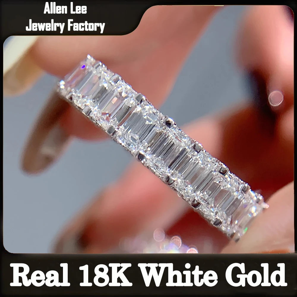 Custom Real Solid 18K White Gold Ring Women Engagement Anniversary Wedding Ring Emerald Moissanite Diamond Ring Eternity Trendy