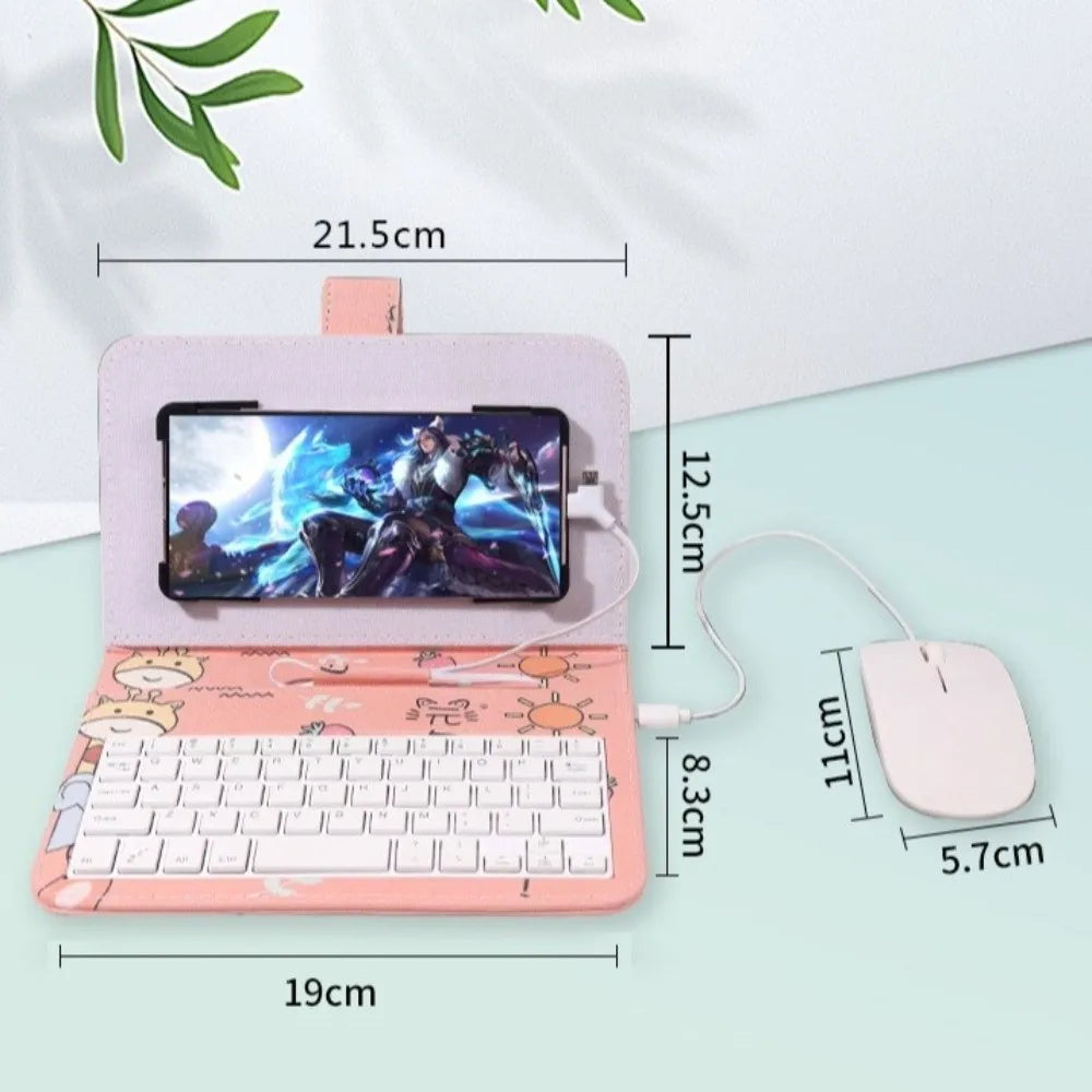 Portable Keyboard Mouse Set Type C & Micro Available PU Leather Shell Phone Holder Bluetooth Mouse Home Work Keyboard