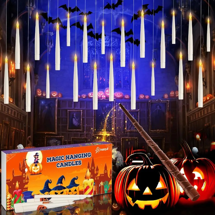 Floating Candles with Wand Remote 20 Pcs Magic Halloween Hanging Candles Flickering Warmer Light Flamel LED Candles with DIY St