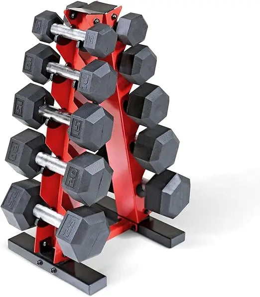 Rubber Coated Hex Dumbbells Set 5-25Lbs with Storage Rack for Muscle Toning and Strength Training