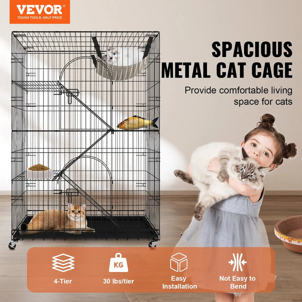 Catio, 4-Tier Large Cat Cages Indoor, Detachable Metal Playpen Enclosure with 360 Rotating Casters,