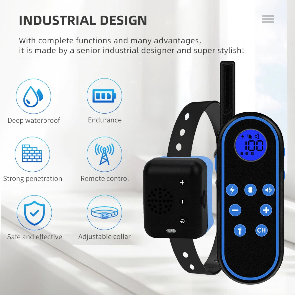 1000 m elektrisches Hundetrainingshalsband, wasserdicht, Antibellhalsband, wiederaufladbar, mit Schock-Vibrationston