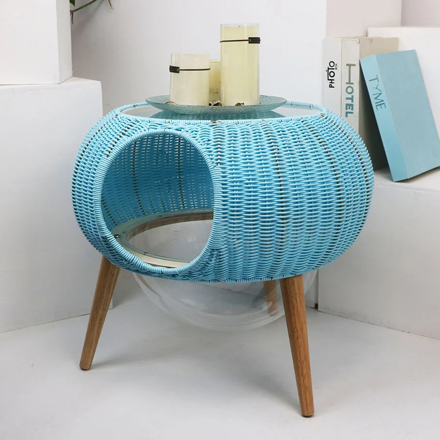 Ganzjahres-Katzenhängematte aus gewebtem Material, transparentes Katzennest mit handgefertigtem hängendem Haustierbett aus Rattan für den Innenbereich, atmungsaktiver Katzenkorb