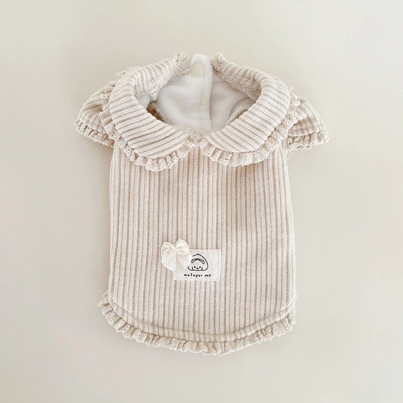 Gestreiftes Cord-Basishemd für Haustiere mit Herbst- und Winter-Samtkleidung, Puppenkragen, Bubble-Halbarm-Kapuzenpullover mit Spitze, Welpenkleidung