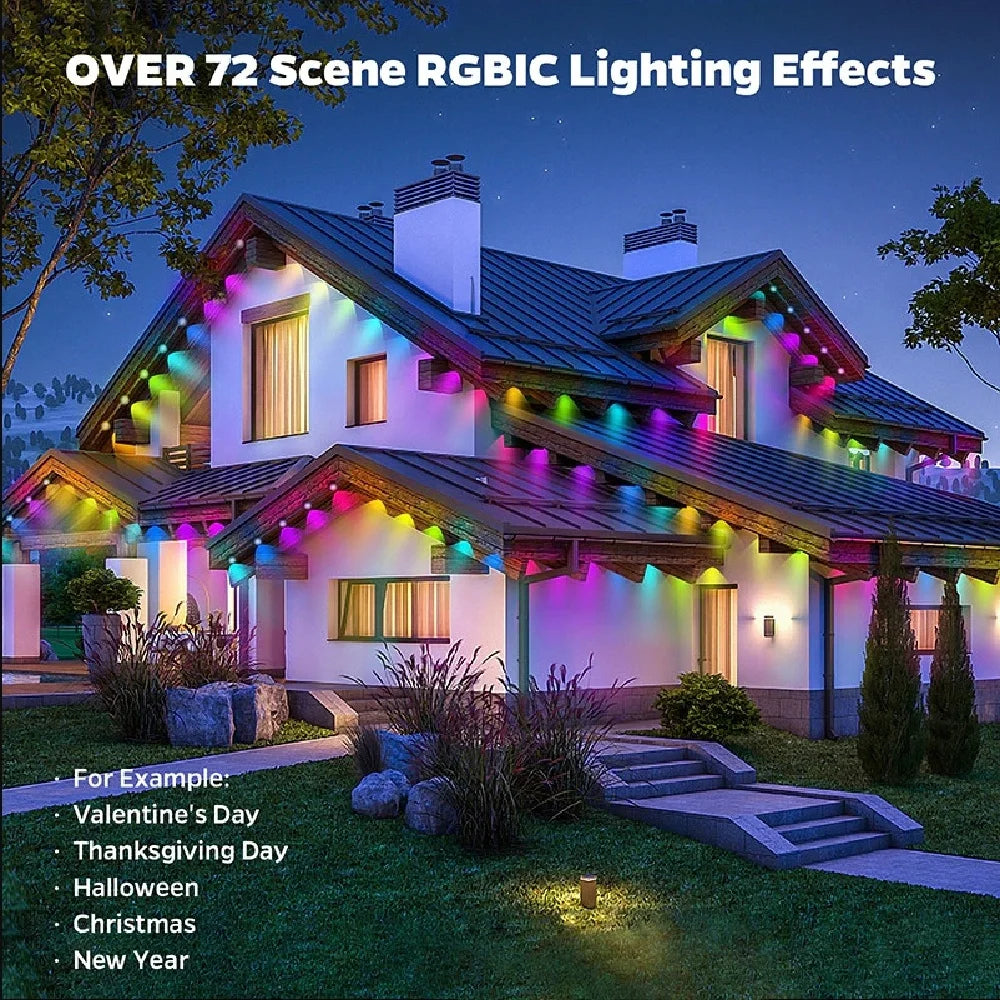 15M/30M/45M/60M RGBIC Smart Eaves Light with APP/Remote Control IP67 Waterproof Outdoor String Lights House Roof Garden Lighting
