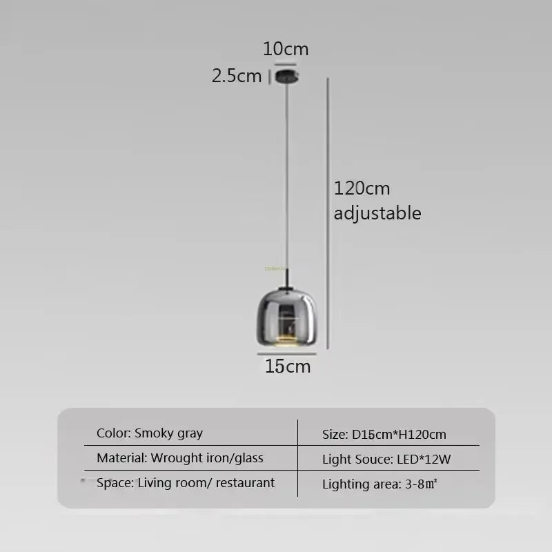 Modern LED Pendant Light Glass Smoke Gray Amber 15/26/38cm Dinner Table Hotel Lobby Bedroom Interior Lamp Home Fixture Decoratio