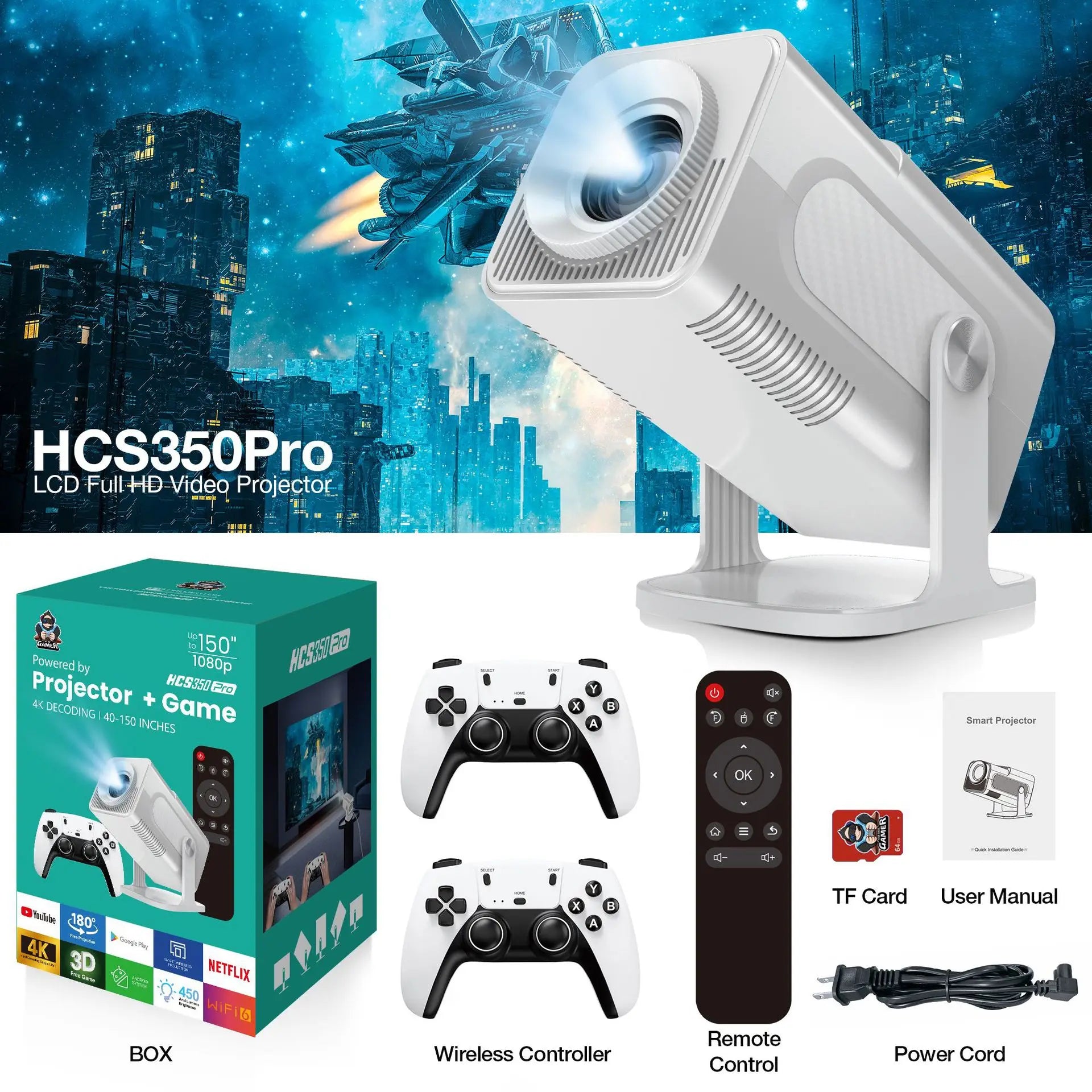 White HCS350pro Retro video game consoles Android12.0 HD TV OS system WIFI Portable Intelligent Projector 720p  Home Projector
