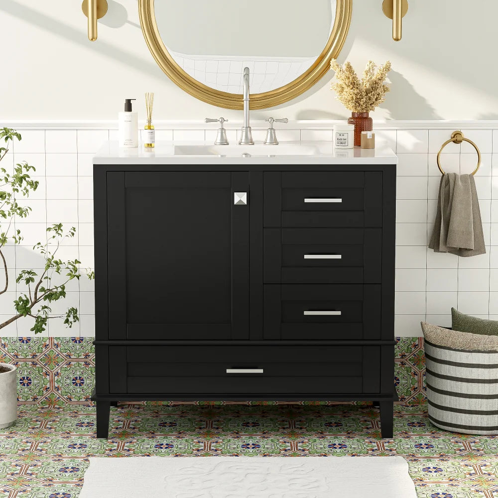 36" Black Bathroom Vanity with Solid Pine Frame, 1 Soft Close Door and 3 Drawers , Modern Storage Cabinet
