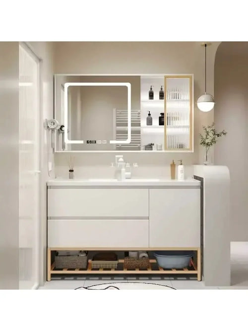 **Nordischer Badezimmer-Waschtisch mit Keramik-Waschbecken-Kombinationsset, moderner Unterschrank, Waschtisch, Steinplatte, ein Waschbecken, Handwäsche