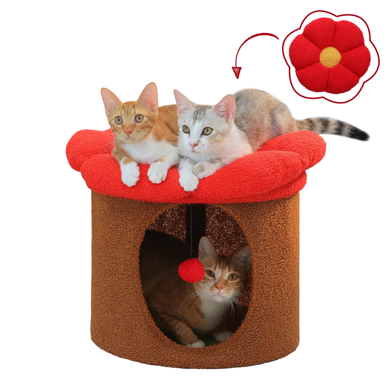 Flower Cat House with Pompom Ball, Double-Deck, Large Cat Condo, Bed with Soft Flower Perch, Spacious Cozy Condo for Multi Cats