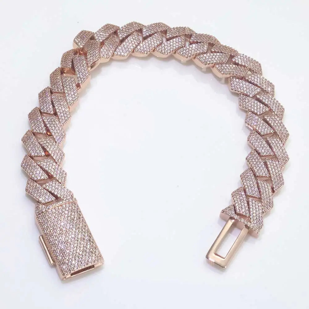 Hip Hop Style 15mm Thick Cuban Chain Rose Gold Copper Zircon Iced Miami Fashion Cuban Bracelet For Men And Women