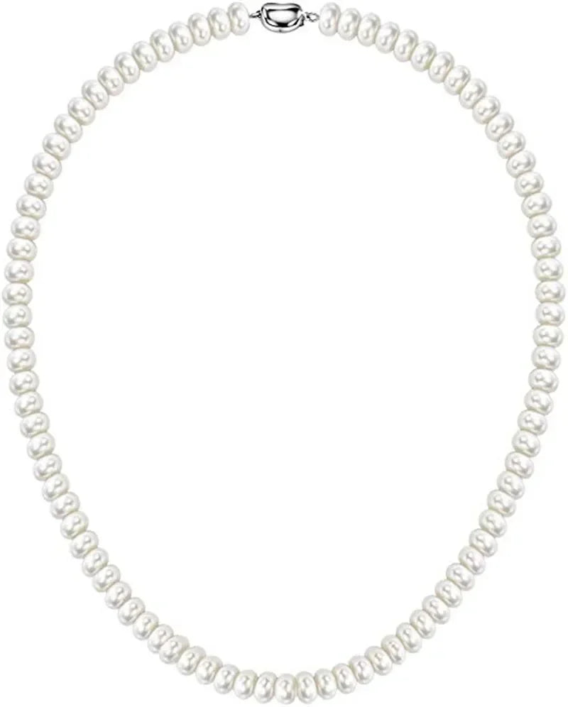 Dainashi White 7-10mm Freshwater Cultured Pearl Strands Necklace 925 Sterling Silver Fine Jewelry for Women Birthday Gift