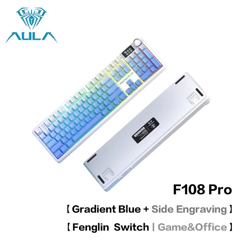 AULA F108 Pro Bluetooth 2.4G wired three-mode connection mechanical keyboard full-key hot-swappable gasket structure RGB light