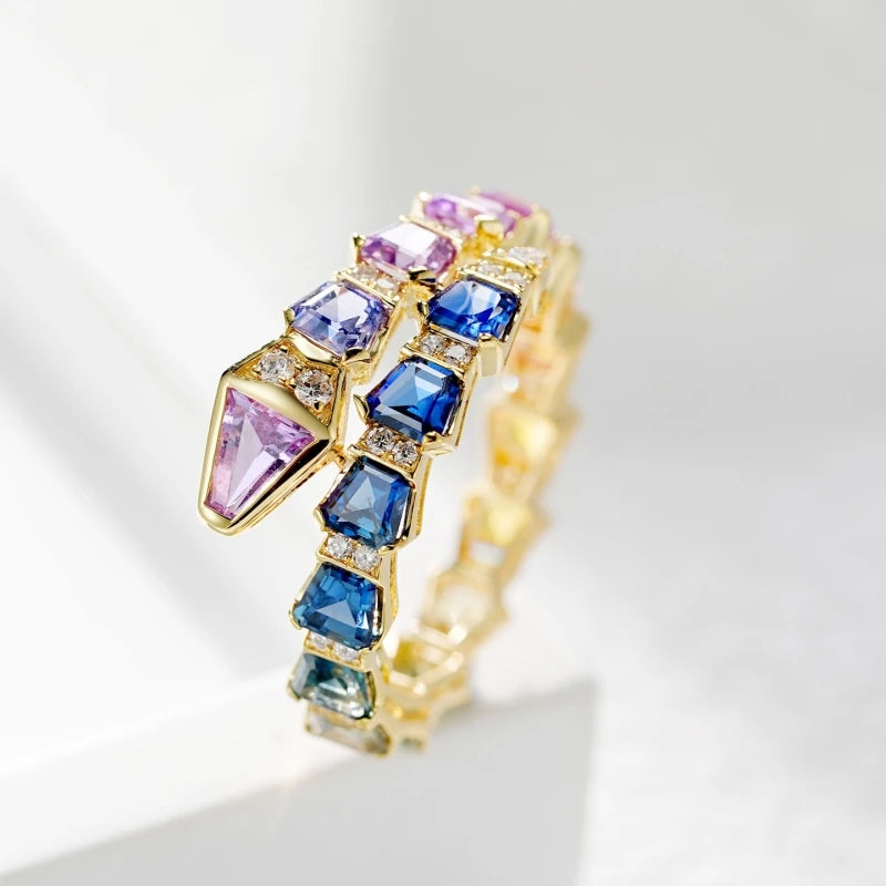 BELLUX Fine Jewelry Customized 18k Gold Material Set Natural Colored Gemstone Snake Shaped Full Diamond Ring