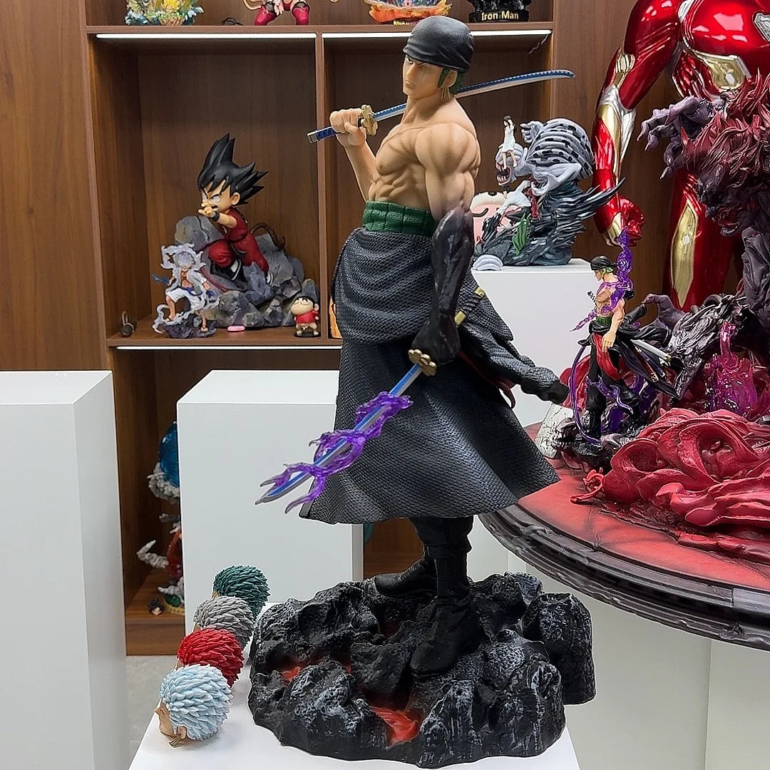 50 cm Anime One Piece Tragemesser Roronoa Zoro 5 Austauschbare Köpfe Statue Modell Figur Sammlerstück Ornament Spielzeug Geschenk
