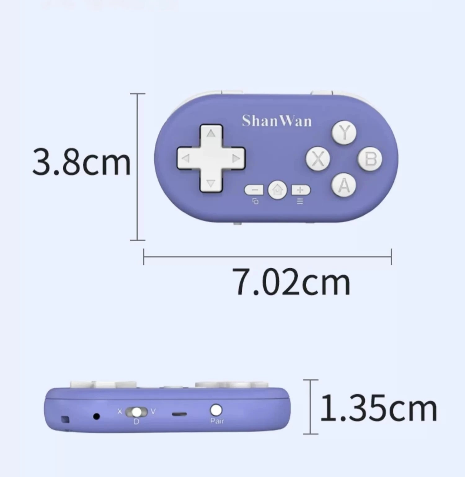 Purple game controller with dimensions labeled on a light purple background