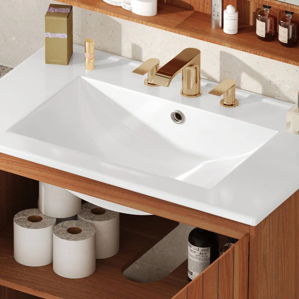 30" Modern Bathroom Vanity with Ceramic Sink, Vintage Minimalist Bathroom Vanity Cabinet, 45 Degrees Free-Handle Design Doors