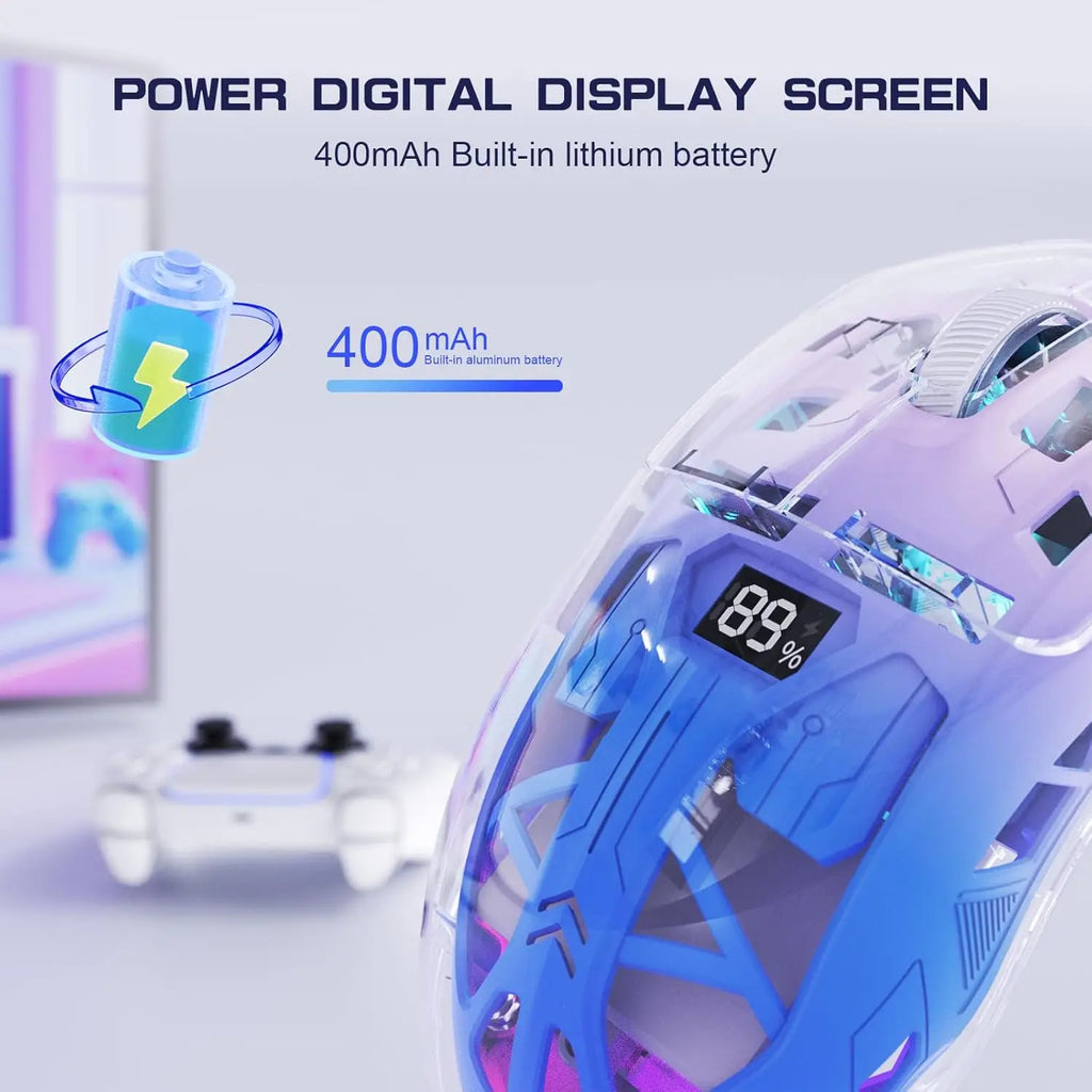 A2 Transparente kabellose Gaming-Maus, BT 5.0/2,4G PC wiederaufladbare RGB-Mäuse mit digitalem Bildschirm, PixArt 3212, 5 einstellbare DPI