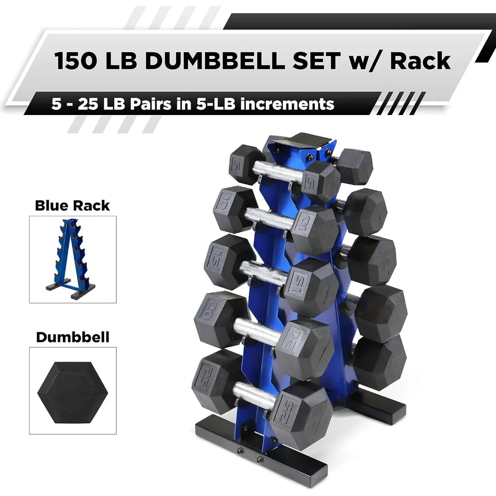 Rubber-Coated Hex Dumbbells Set 5-25Lb with A-Frame Storage Rack for Strength and Muscle Toning