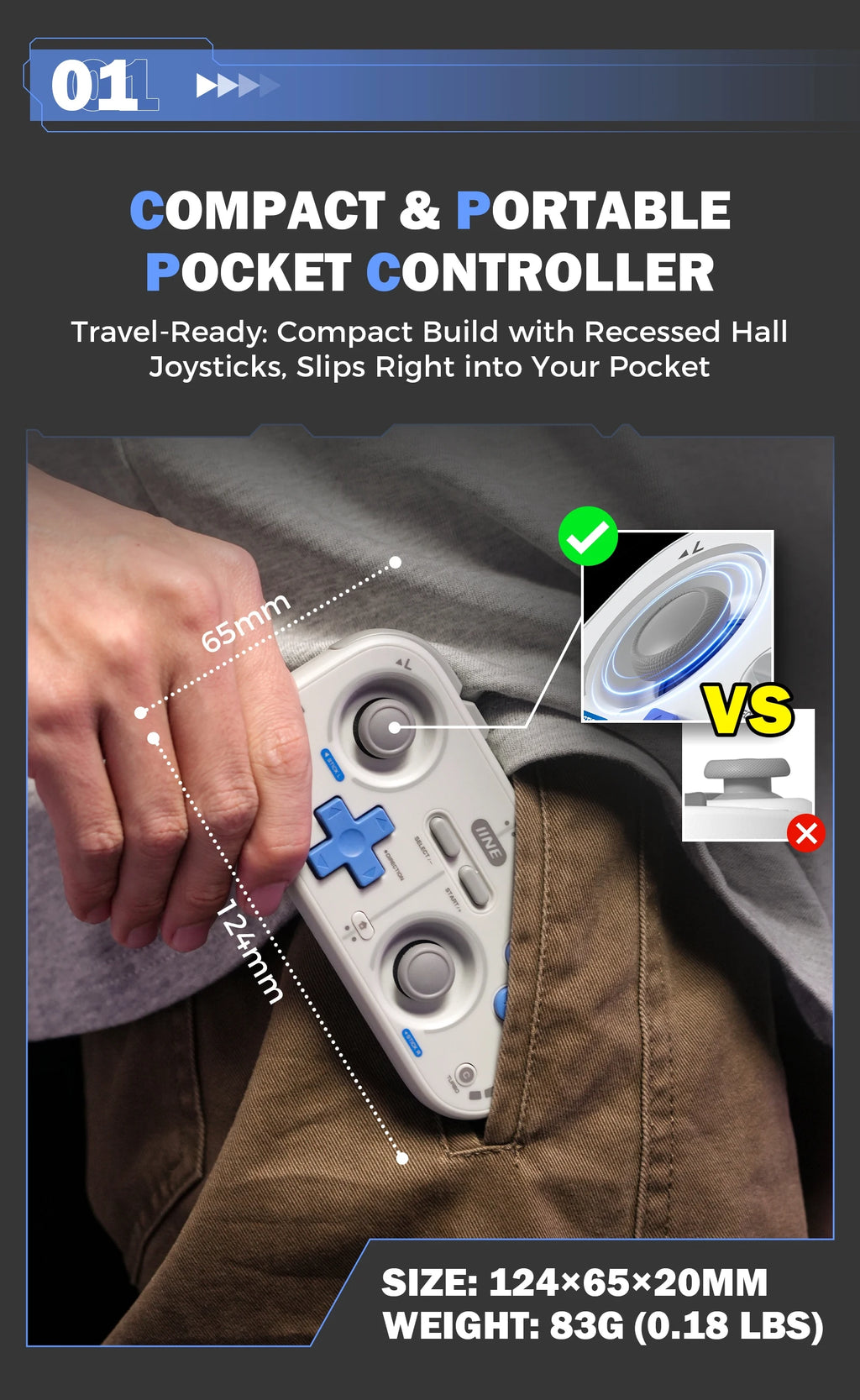 IINE Retro Pocket Game Controller Compact & Portable Hall Joysticks + 1000Hz Recessed Joystick Designed Customizable Controls M