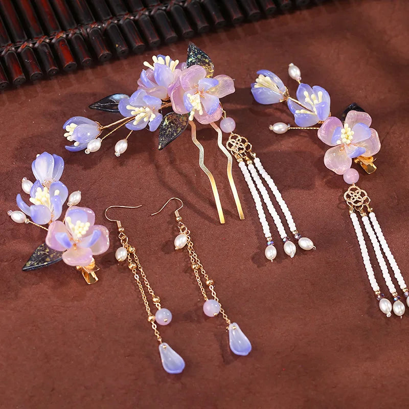 Bridal Headdress Hair Clip Hairpins Haircomb Earring Set Chinese Antique Hair Accessories Set Long Fringed Vintage Hairpins