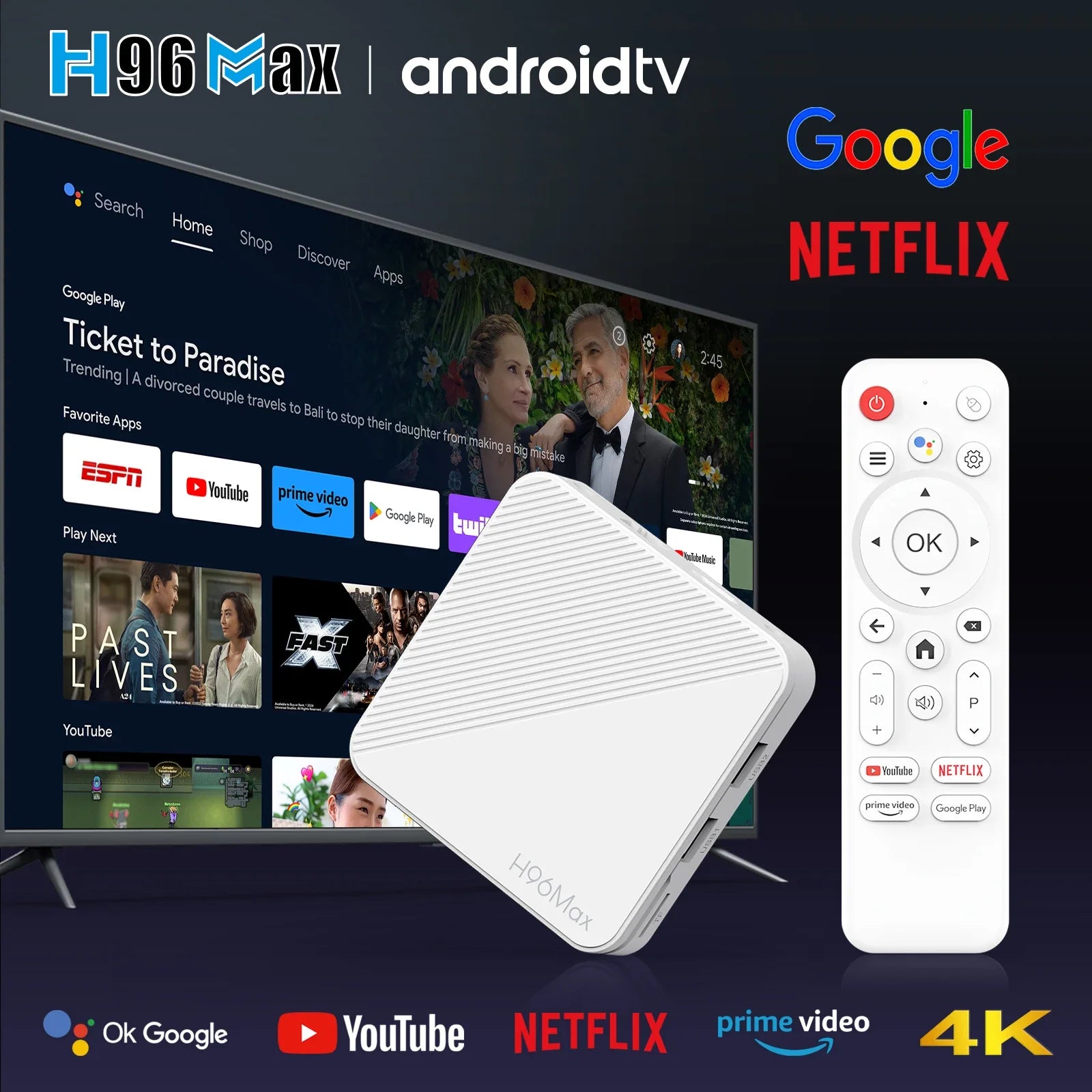 H96 MAX H313 TV Box Android 14 ATV TV Box 4K Video Set Top Box 100M LAN Wifi6 BT5.0 Voice Assistant Media Player TV Box 2GB 16GB