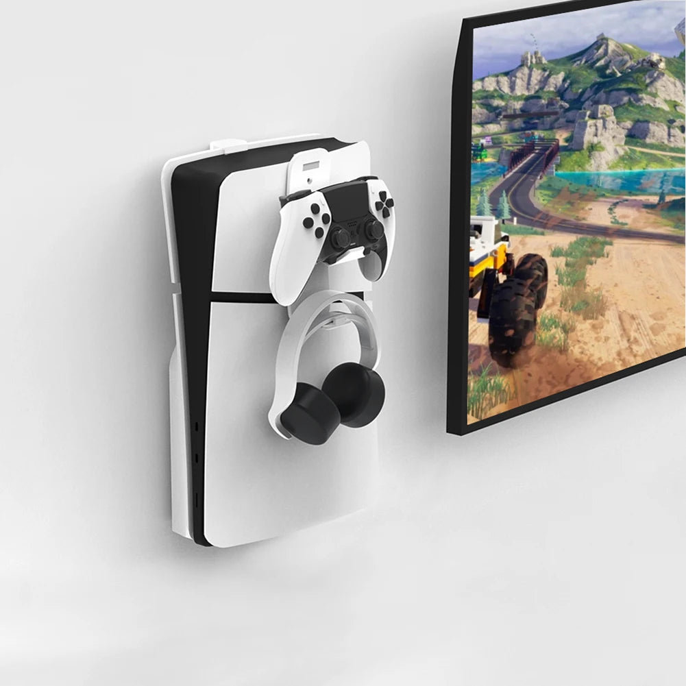 Space Saving Wall Mount Kit for PS5 Slim Console with Controller and Headset Hook for Organized Storage