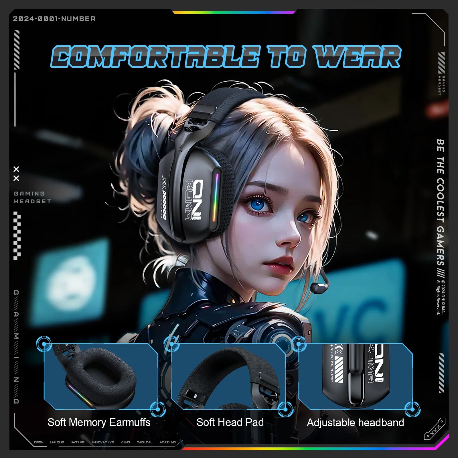 Onikuma Gt808 Three Mode with Mic E-Sports Wireless Gaming Headset Rgb Lighting Supports Bluetooth 5.3 / 2.4g / Aux 3.5mm