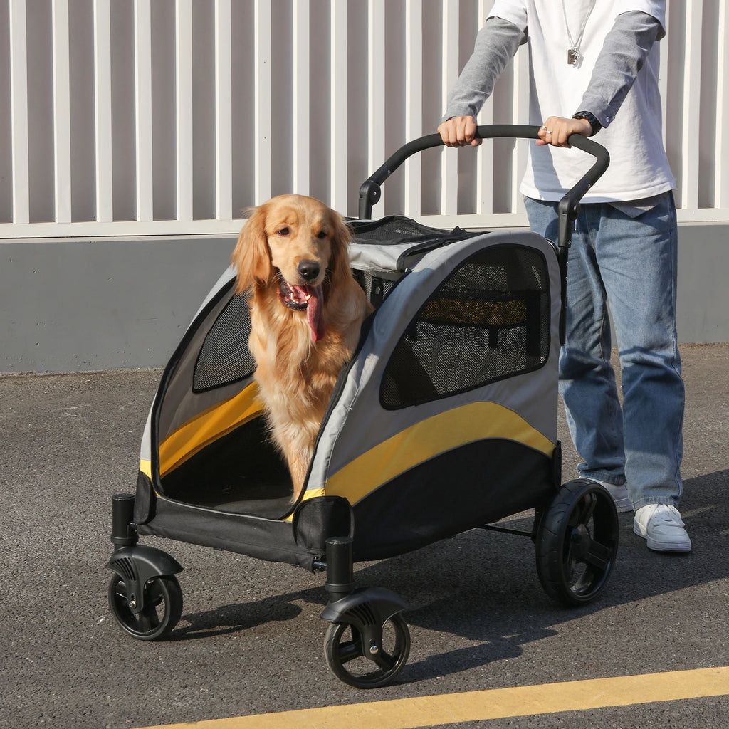 Tragbarer Hundebuggy mit 4 Rädern für große Hunde, faltbarer Reisewagen für Haustiere und Katzen, atmungsaktive Tragetasche zum Spielen im Freien