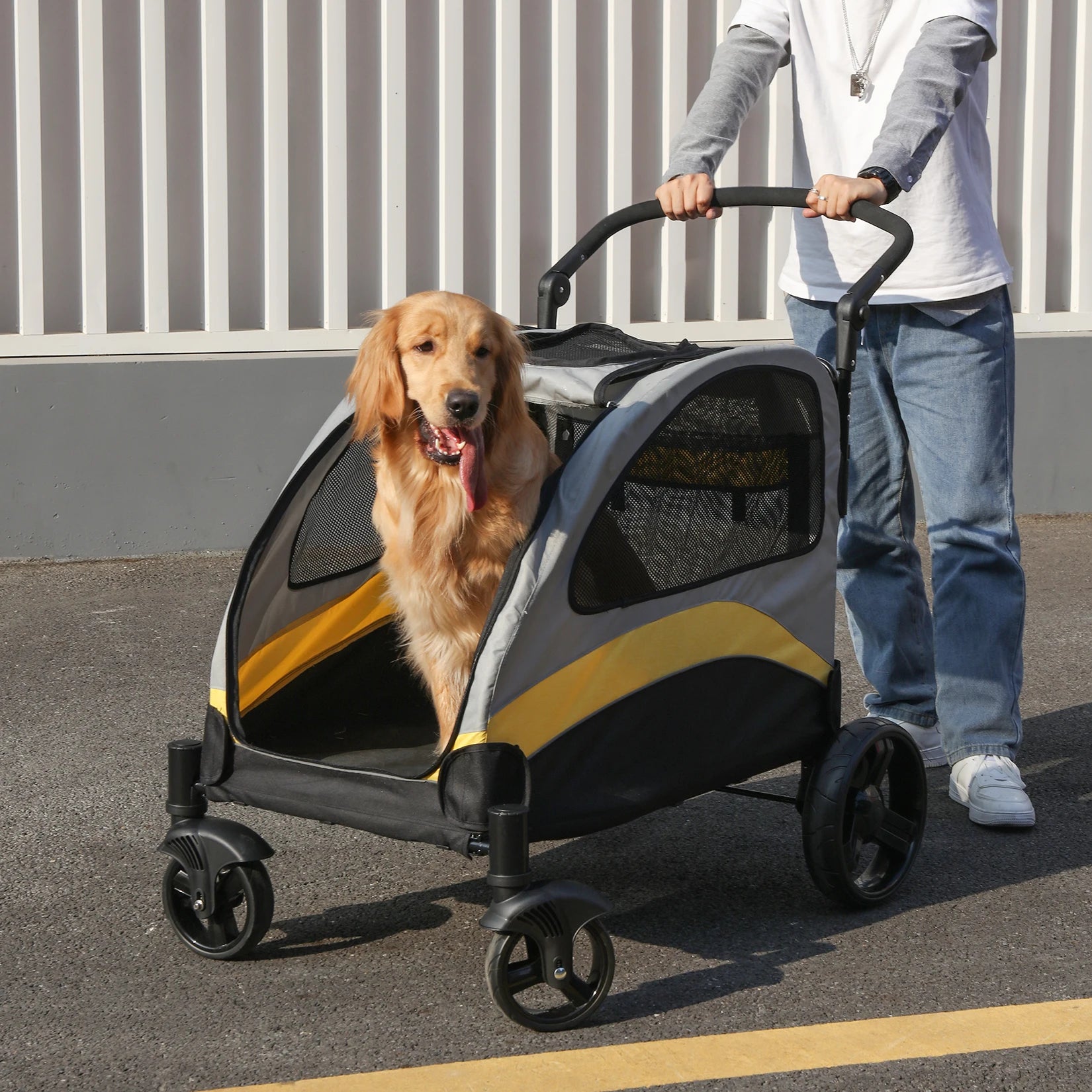 Tragbarer Hundebuggy mit 4 Rädern für große Hunde, faltbarer Reisewagen für Haustiere und Katzen, atmungsaktive Tragetasche zum Spielen im Freien