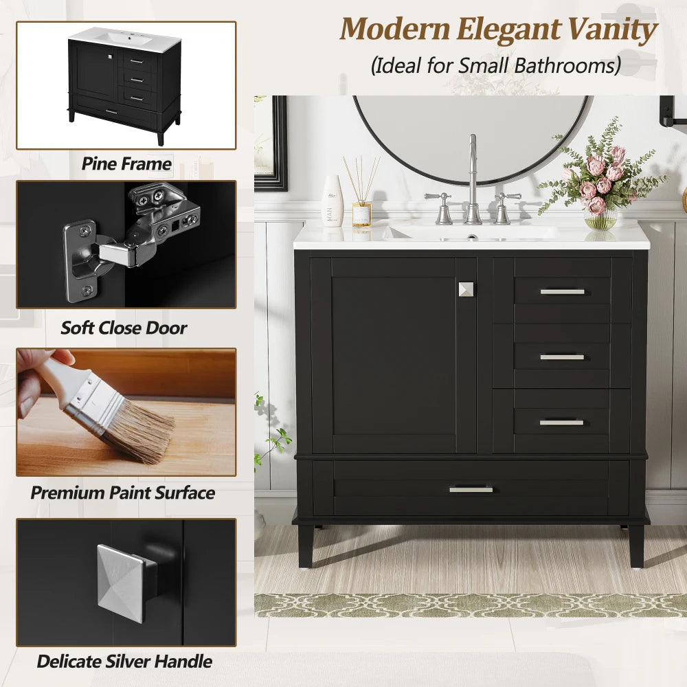 36" Black Bathroom Vanity with Solid Pine Frame, 1 Soft Close Door and 3 Drawers , Modern Storage Cabinet