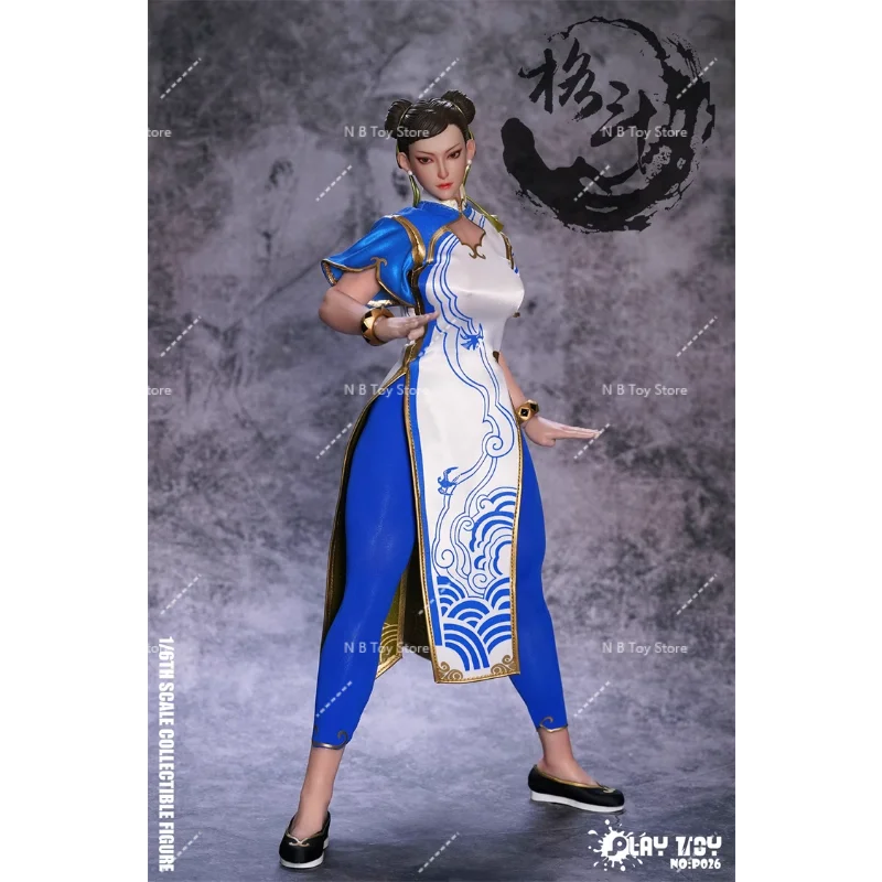 In Stock PLAY TOY P026 1/6 Chun-Li Movable Eyes Action Figure 12-inch Female Soldier Blue Cheongsam Figure Toy Collection Gift