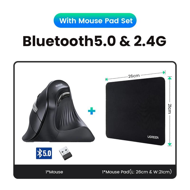 UGREEN Vertikale Maus Kabellos Bluetooth5.0 2.4G Ergonomisch 4000DPI 6 Stummschalttasten für MacBook Tablet Laptops Computer PC Mäuse