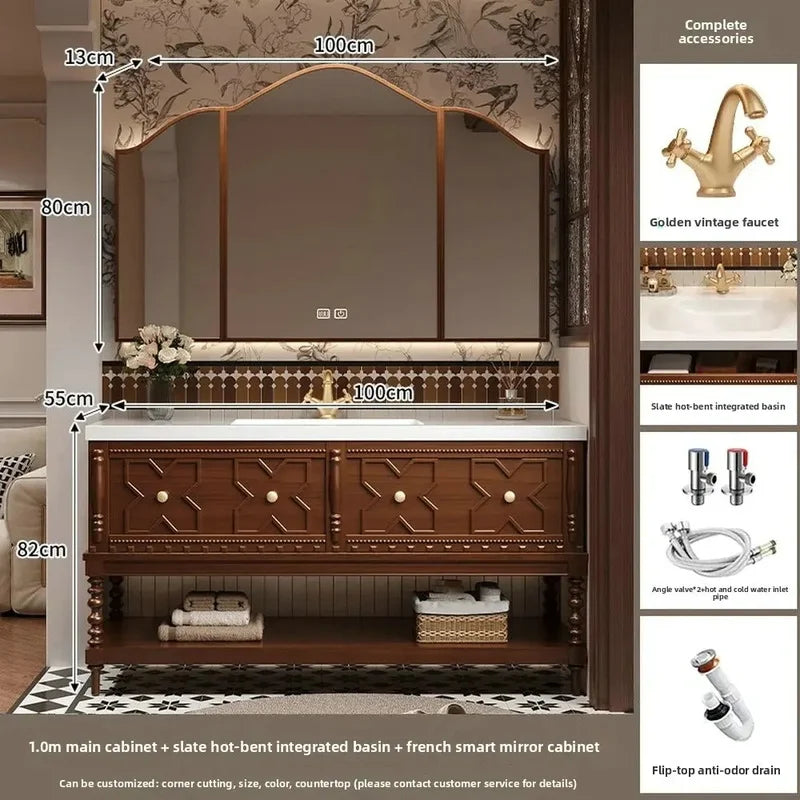 Customized Solid Wood Bathroom Vanity with Sintered Stone Sink, Toiletries Storage, and Smart Mirror Cabinet Package